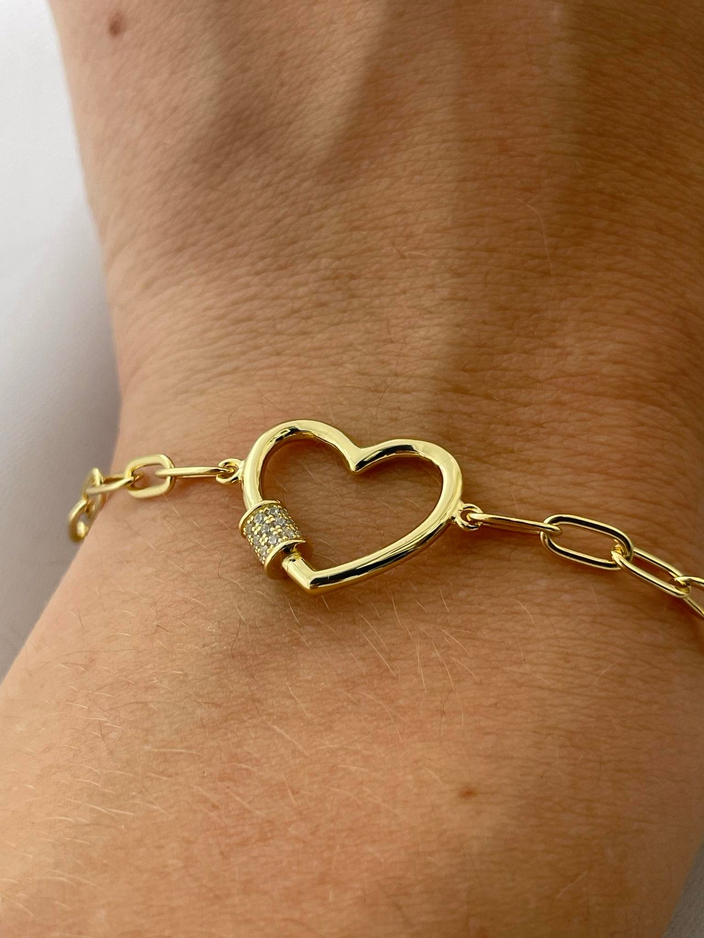 Gold Plated Heart with CZ Rod Paperclip Bracelet